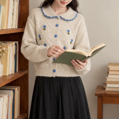 3色/刺繍フラワーステッチカラーニットカーデ ・79420
