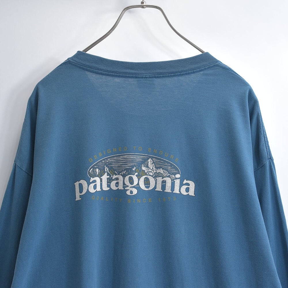 90s~ USA製 Patagonia パタゴニア Beneficial T's オーガニックコットン 両面プリント バックロゴ ロングスリーブTシャツ ロンT フェードブルー ヴィンテージ ビンテージ アメリカ古着 メンズXL相当