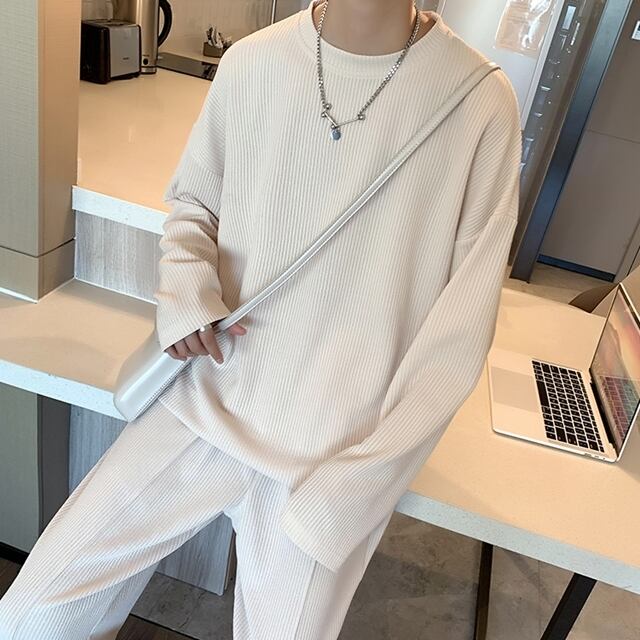 【予約販売】メンズ セットアップ リラックス スエット リブ 上下 長袖 ブラック ホワイト 男前 韓国 パンツ セット ルームウエア 韓国 トレンド 大きいサイズ M/L/XL/2XL