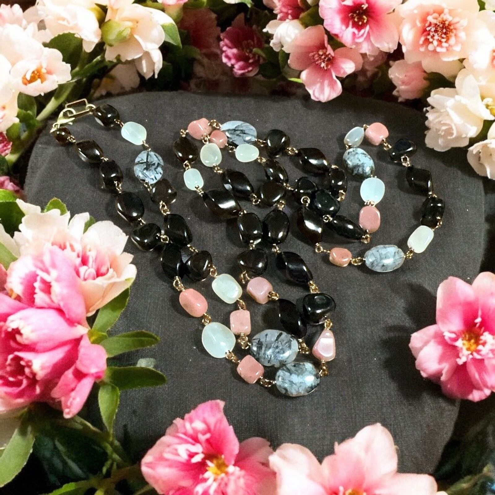 HNTK ブラックルチルクォーツ＆オニキス ロングネックレス N0712