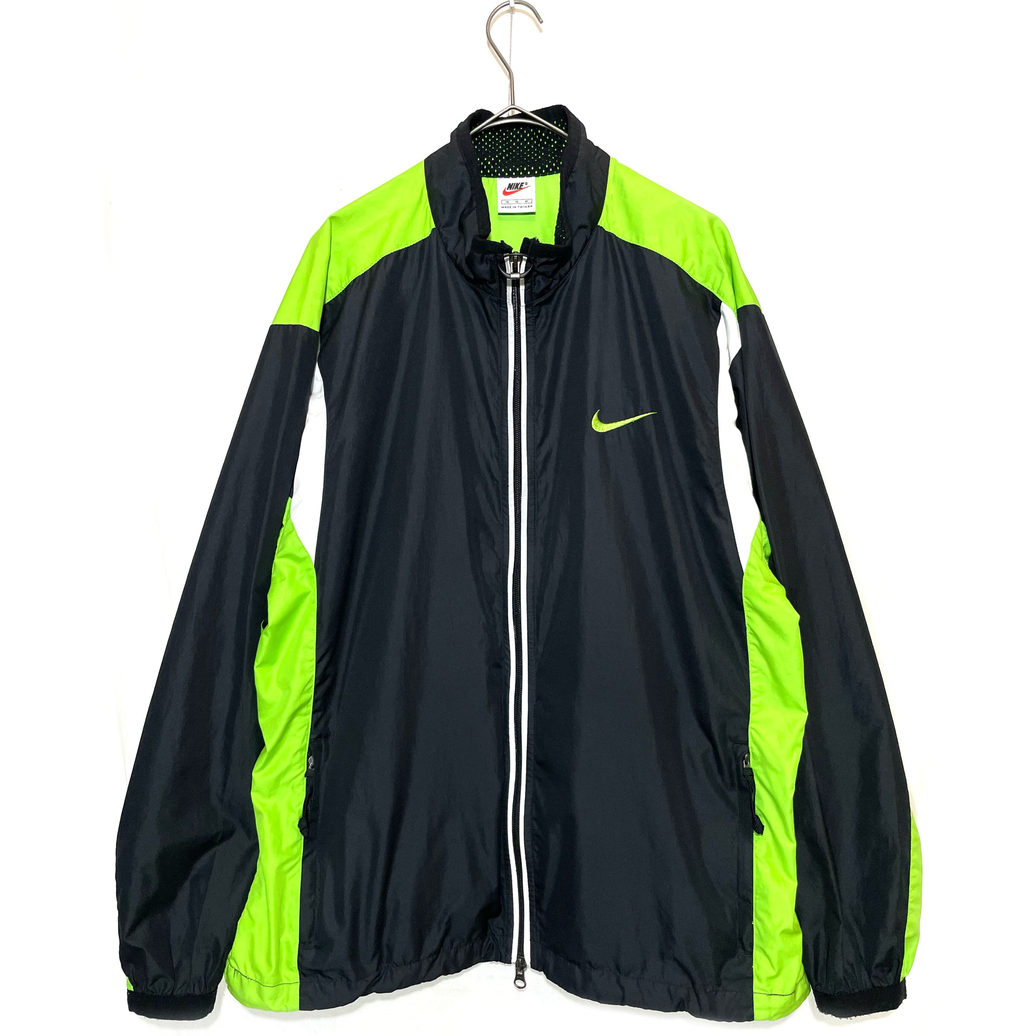 90s NIKE black/lime green/white nylon embroidery back pocet ring zip hi  necked zip up jacket