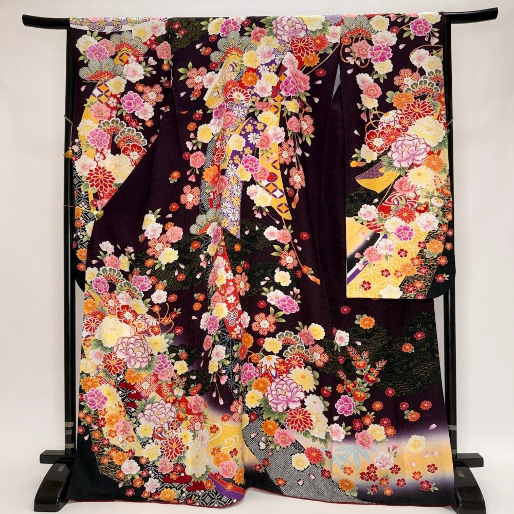 振袖 中古 濃い紫 茶 正絹 古典 裄65.5cm 身丈171cm 美品 M サイズ 成人式 6737