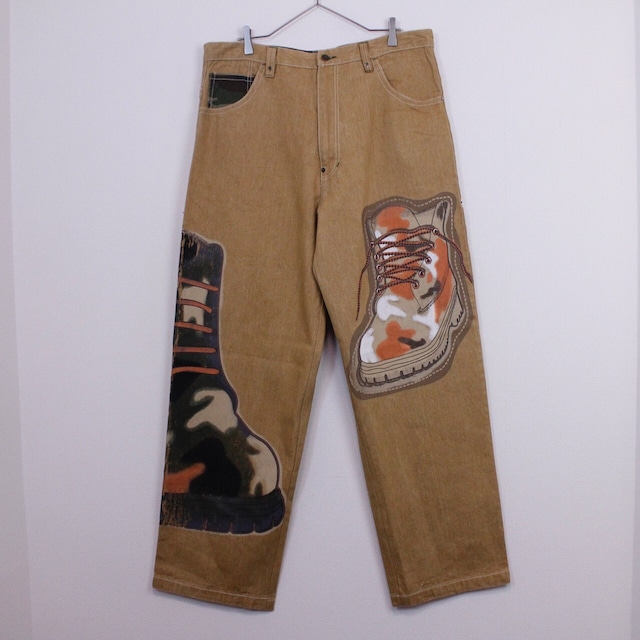 【Caka act2】Shoes Paint Design Camouflage Pattern Switching Design Beige Denim Baggy Pants