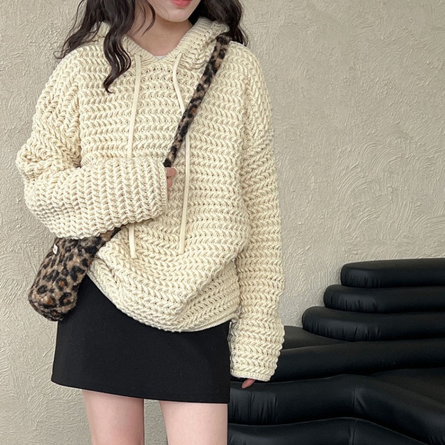 chunky knit hoodie　J00285