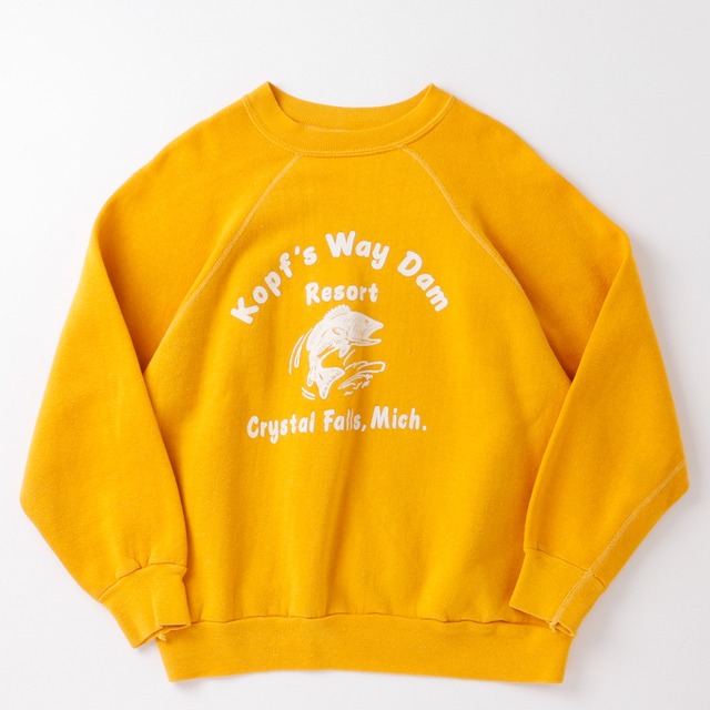 【極美品】60s special vintage raglan sweat shirt "Kopf's Way Dam" made in USA fade yellow about size42 big size  ／ 60年代 ヴィンテージ  長袖 ラグラン袖 スウェットシャツ トレーナー USA製 実寸サイズ42 実寸L ビッグサイズ フェード イエロー