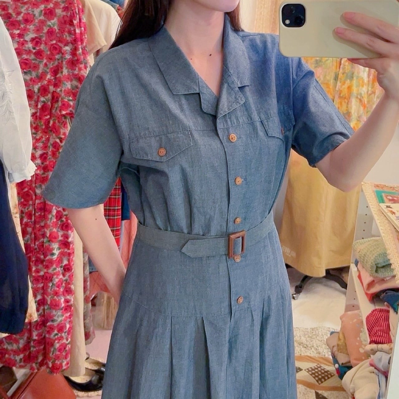 chambray open collar one-piece