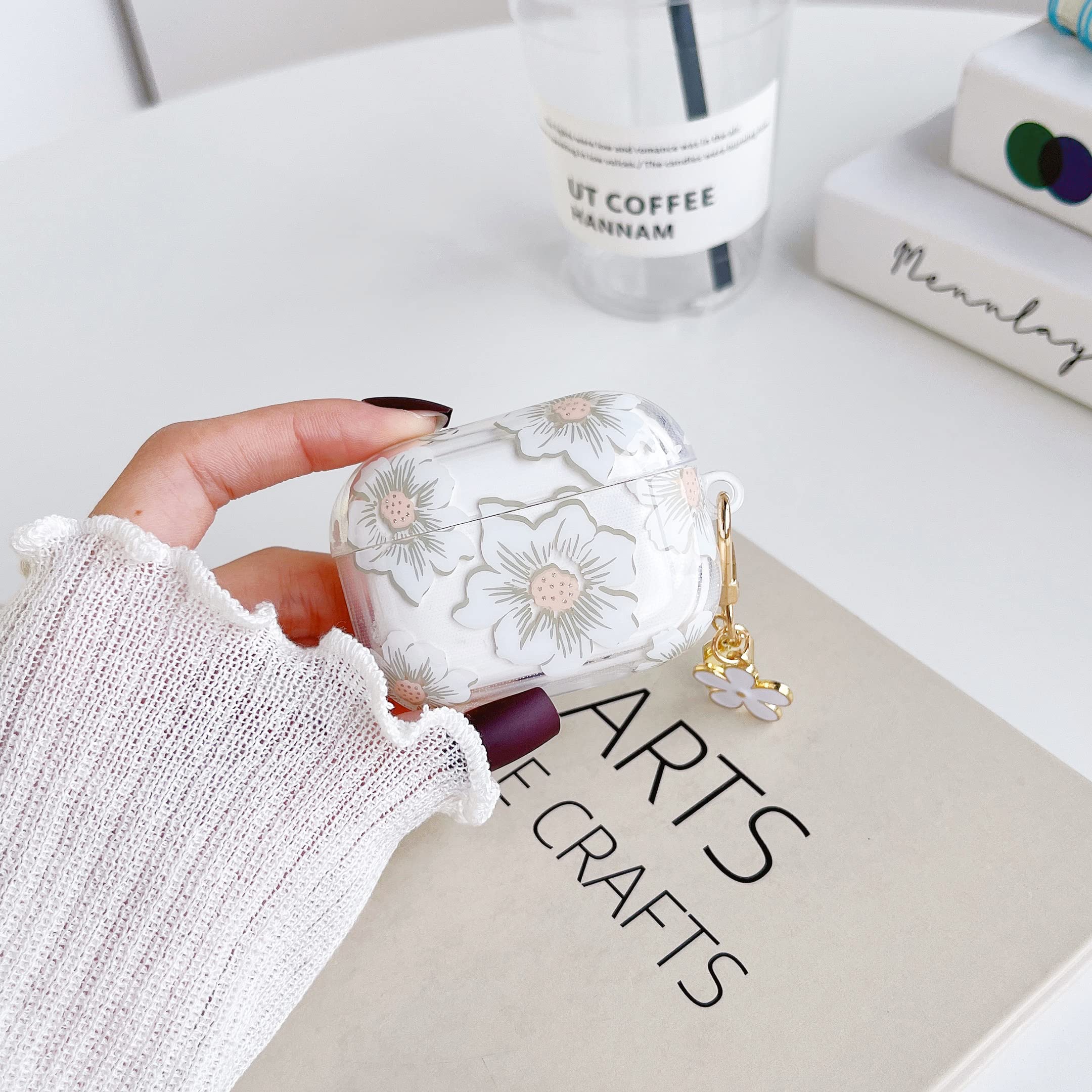 【数量限り】適用 Airpods 4 ケース クリア シリコン かわいい 花 花柄 フラワーデザイン 透明 ペンダントキーチェーン 付き 可愛い 人気 レディース 女性用 ソフト TPU エアポッド4 ケース - ホワイト