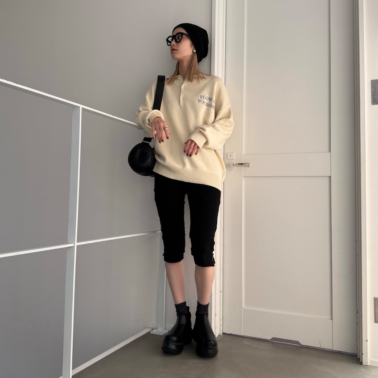 ロゴ刺繍ルーズシルエットポロknit/クリーム