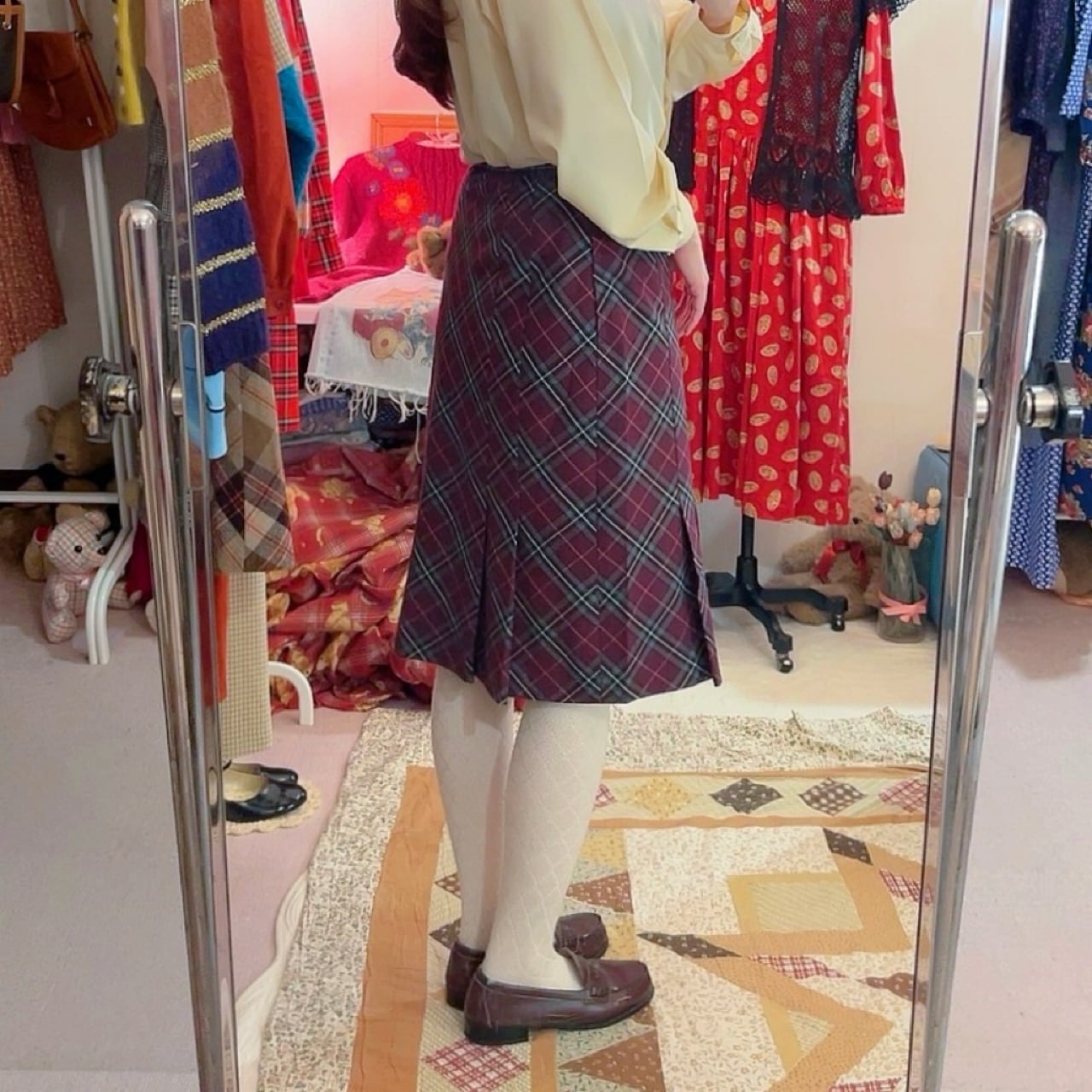 purple gray check tuck skirt