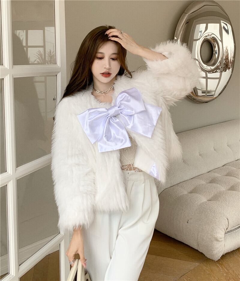 ファーショートコート オータムウィンターホワイトトップス ロング 秋物 冬物 ブラックストロベリース10635344198