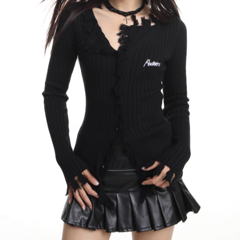 fringe design v-neck long sleeve knit cardigan la1319