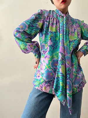 70s Vintage Floral Silk Bow-tie Blouse