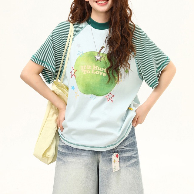 ボーダースリーブアップルグラフィックTシャツ 2col   R02491