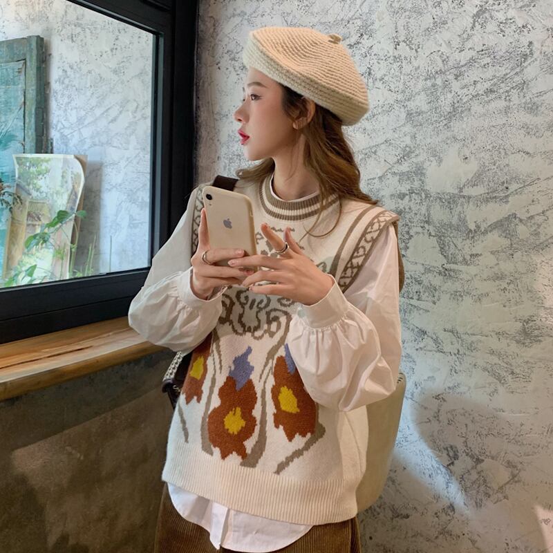 スタンダードノースリーブニットレディーススプリングオータムルーズジャカード レトロ 春物 秋物 スーパーモール95163562537