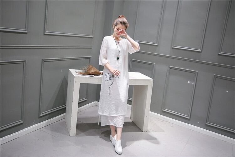 レトロワンピース ナチュラルワンピース チャイナ風ワンピース 中華風ワンピース ブラウス ワンピドレス リネンワンピース ロング ロング丈 マキシ マキシ丈 袖あり 7分袖 七分袖 フレアスリーブ Iライン 透け感 シースルー リネン 薄手 かわいい 大人可愛い きれいめ レトロワンピース ナチュラルワンピース チャイナ風ワンピース 中華風