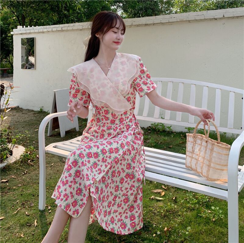 【新作】【送料無料】 2022 新しい夏のスタイルフレンチロマンチックなレトロラペル甘い花柄カバーアップ肉感スリムロング気質ドレス女性のための 0256458678976