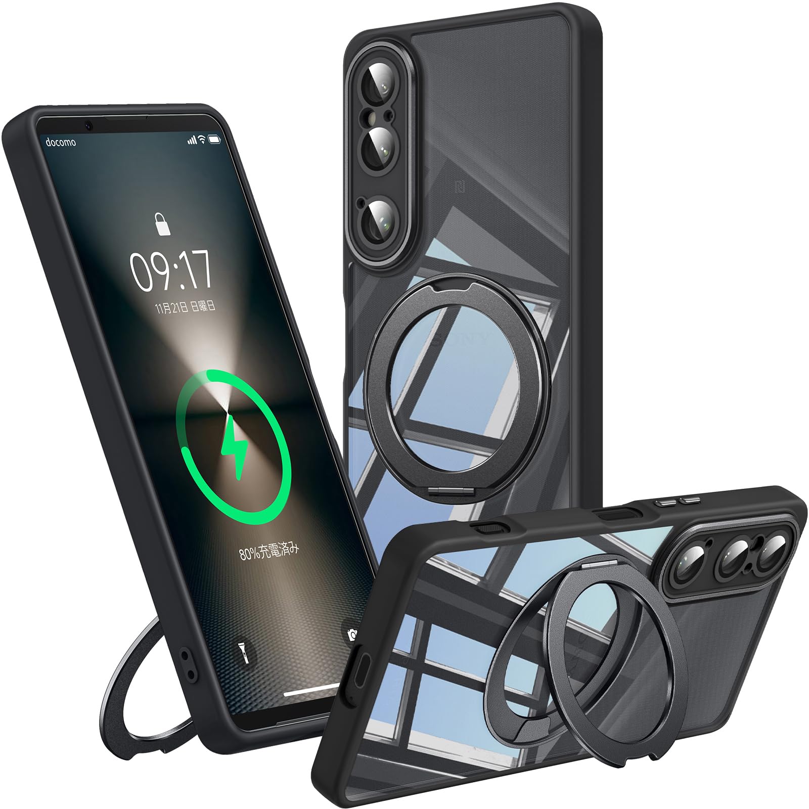 【360°回転スタンド・縦横両対応】FONKCASE Xperia 1 VI 用 ケース Magsafe対応 リング レンズ保護 (ブラック)