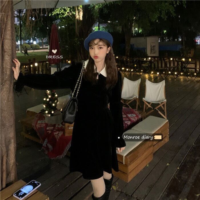 スカート ベルベットドレス スタンダードブラックスタイルAラインショートオータムウィンター レトロ 秋物 冬物 モンロー57071957148