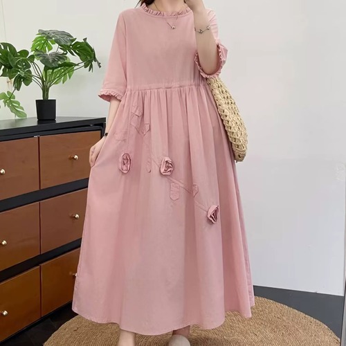 2色/立体花モチーフ刺繍フリル袖ワンピ ・11933