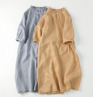 【送料無料】リネンワンピース 春 きれいめ ロング 半袖 フリル フレア ゆったり カジュアル 大人 上品 シンプル ベーシック 30代 40代 イエロー ブルー OP-136R
