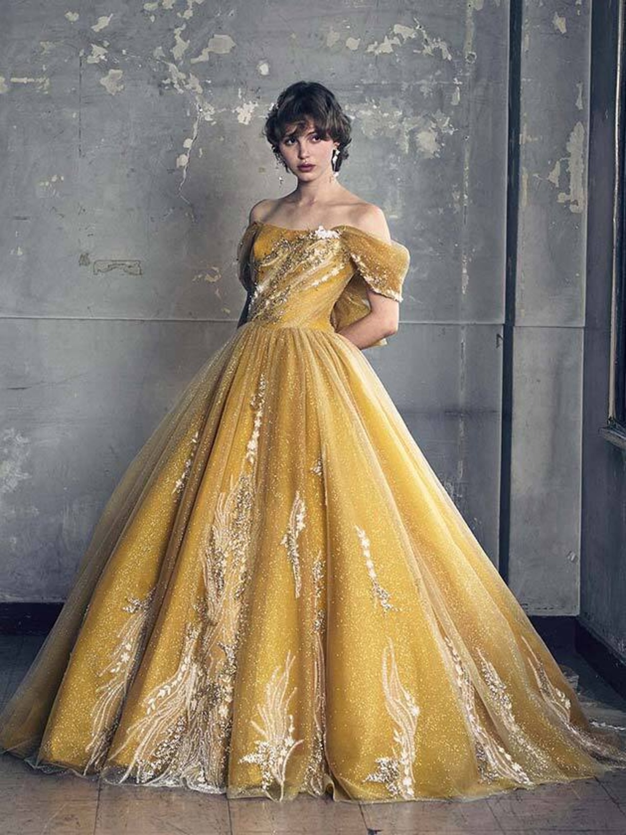 カラードレス ピンク オフショルダー キラキラグリッターチュール  