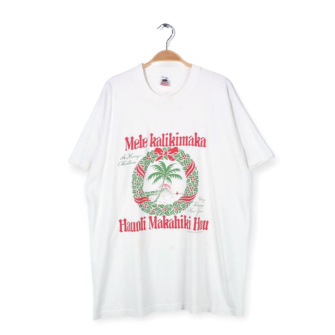 90s ハワイのあいさつ USA製 ヴィンテージTシャツ ホワイト 袖裾シングルステッチ フルーツオブザルーム メンズXL 古着 @BZ0370