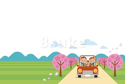 イラスト素材：ドライブを楽しむ家族/春・ヨコ・白バック（ベクター・JPG）