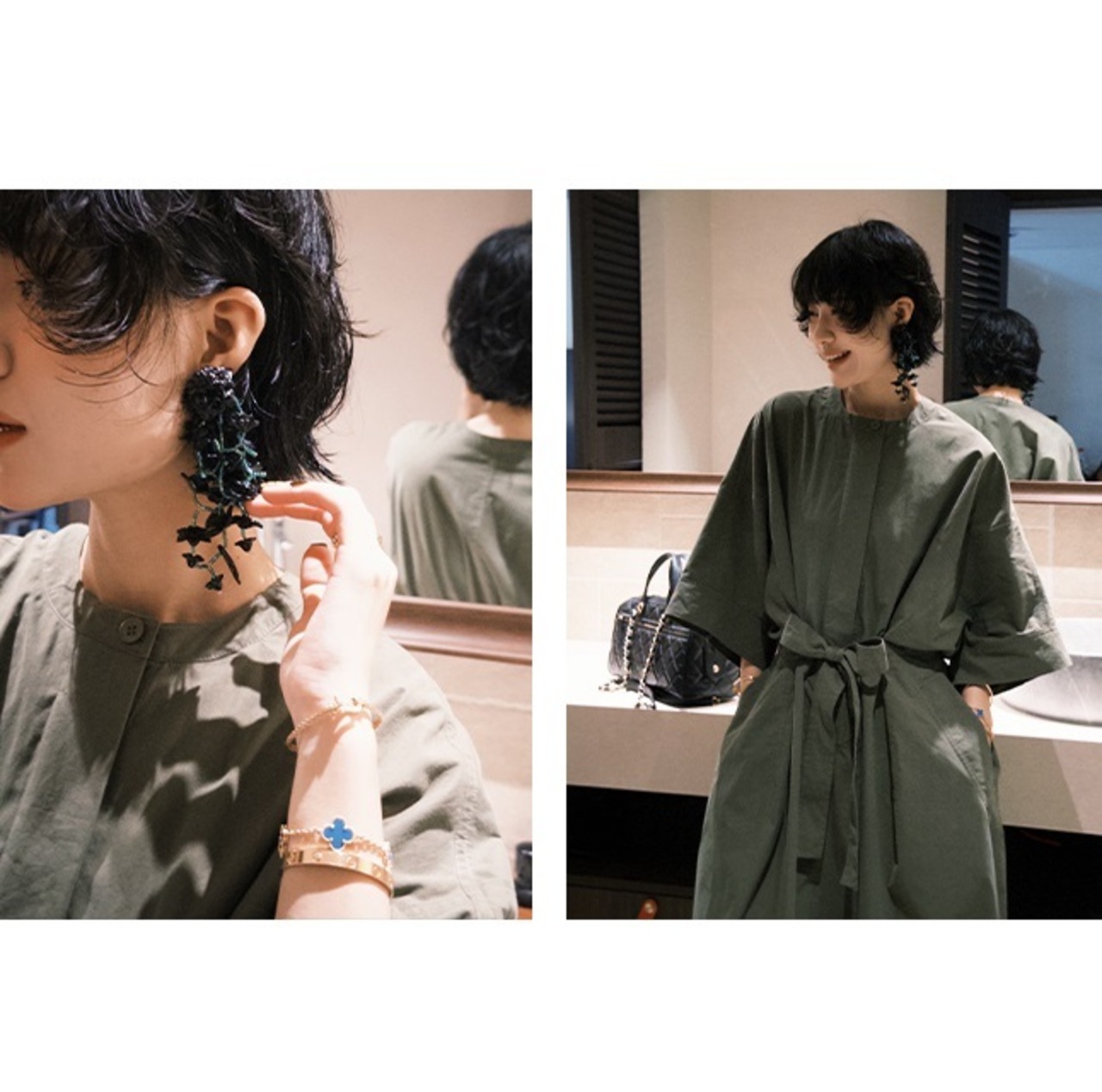 リボンベルト付きグリーンAラインワンピース W01352