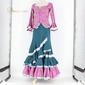 フラメンコ 衣装 ソニアジョーンズ SONIA JOHNES トップス ブラウス ファルダ スカート ツーピース セットアップ ピンク系 パープル系 ブルー系 紫 ピンク 緑 レース フリル ボランテ ダンス パーティ ボリューム 柄 模様 ボリュームスカート フリル袖 フリル裾