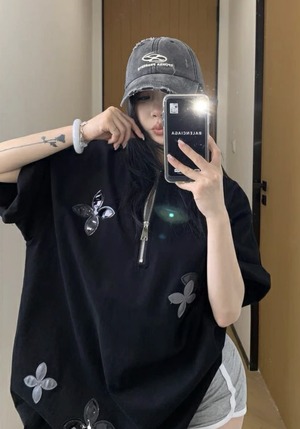 OISIS023 レザーパッチ刺繍ジッパーTシャツ