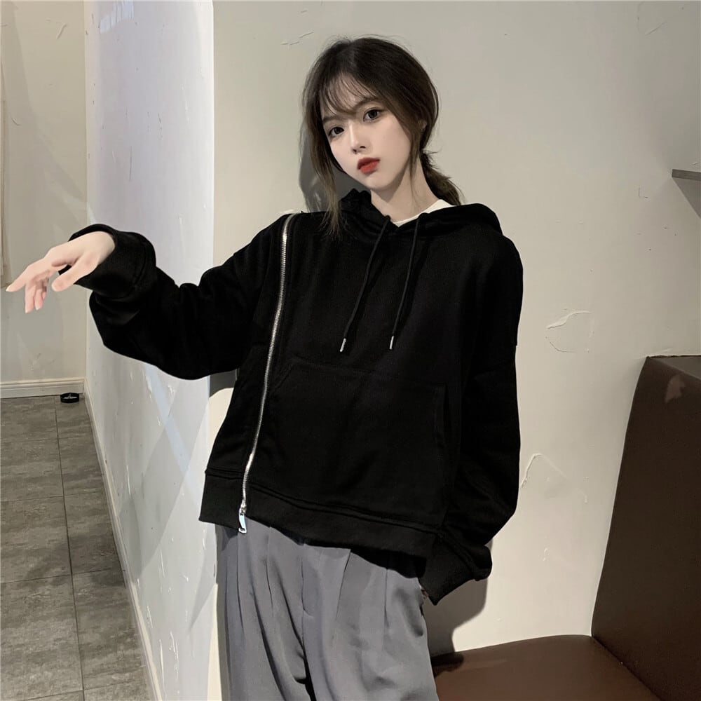 2way パーカー サイドジッパー オフショルダー ルーズ 韓国