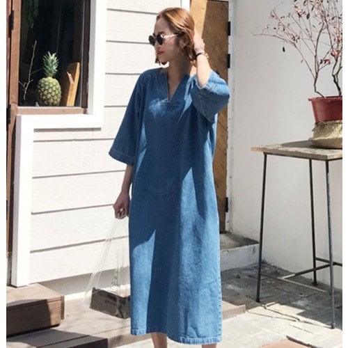 Vネック デニム ロング ワンピース 七分袖 リラックス ドレス ロングワンピース ワンピース レディースワンピース レディース