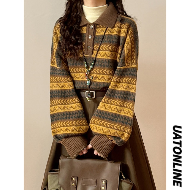 ♥ポロ襟がきまる、ビンテージニット！【UATONLINEシリーズ】★セーター★ ユニセックス ニットトップス 横縞 縞模様 POLOネック