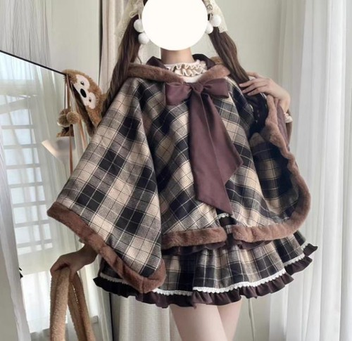 ゆめかわ♡フード付きグレンチェックポンチョ　jya28★