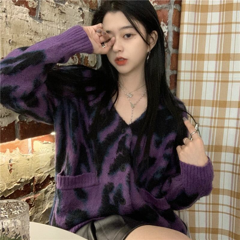 スタンダードスタイルホワイトレオパードセーター カーディガン レトロ 大人ガーリー スウィート キュート カジュアル パープル 萌量不足38171546913