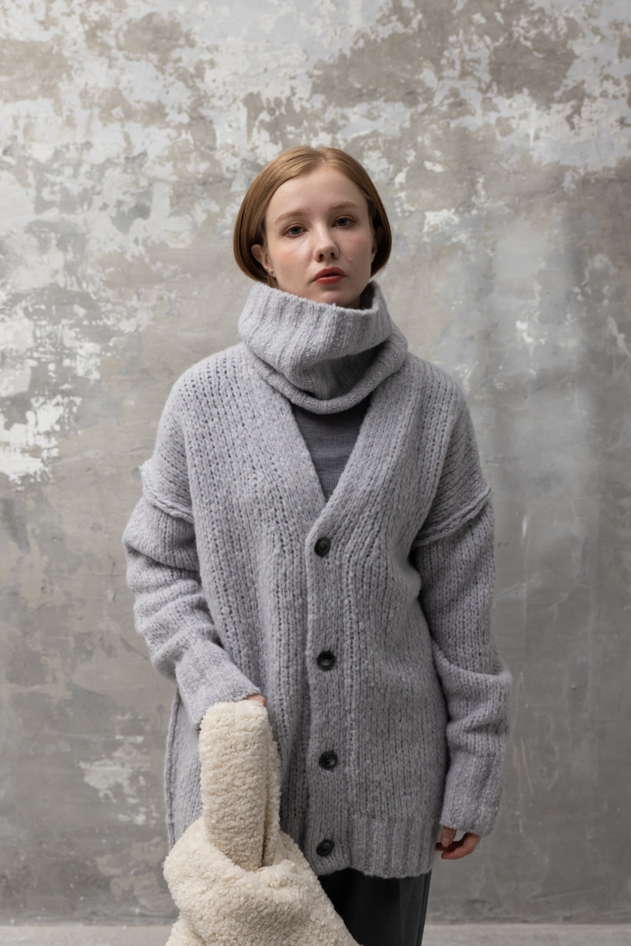 Over Sized Fluffy Off Collar Cardigan Knit