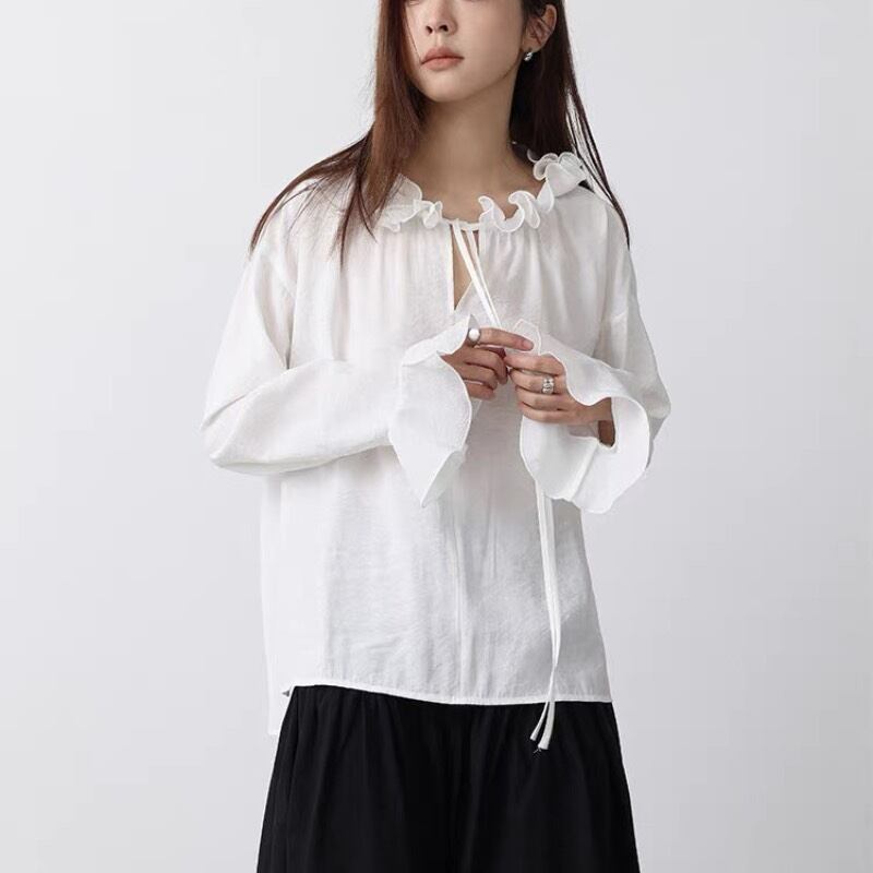 frill neck front tie blouse 101653