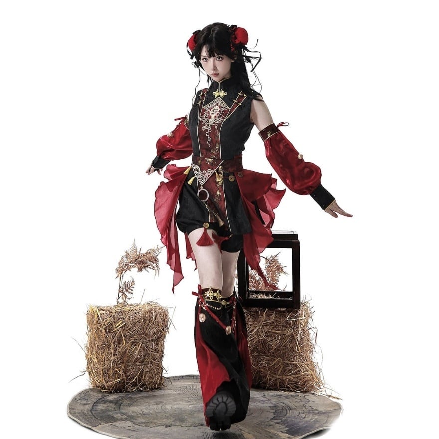 ロリータファッション 中華ロリ 黒×深紅 龍刺繍パンツ4点セット