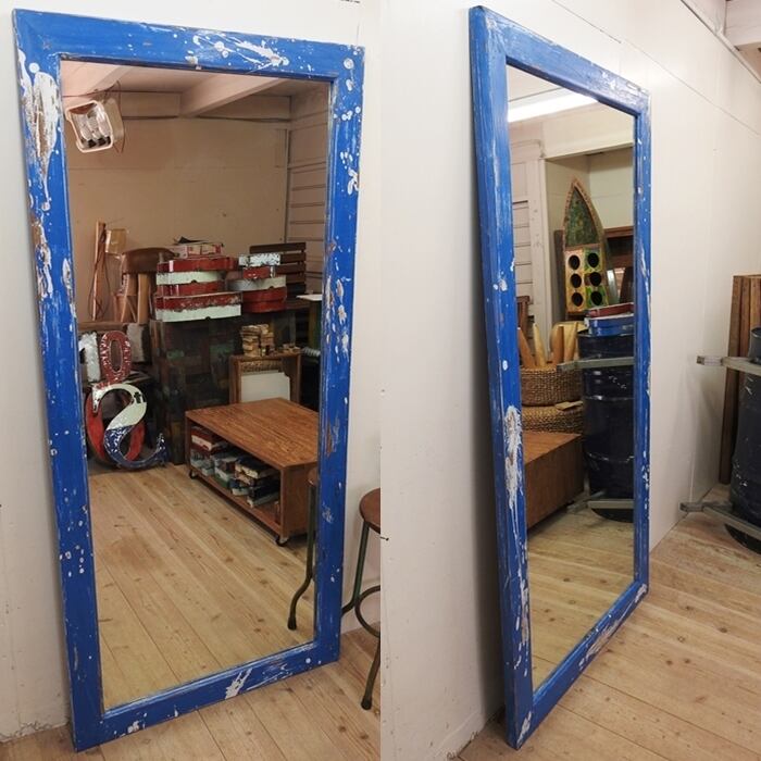 オールドチーク材のミラー 170cm×80cm 姿見鏡 青色 アンティークブルー 無垢材フレーム 古材 ハンドメイド