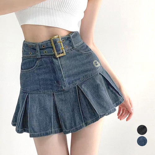【日本倉庫即納】 ミニデニムプリーツスカート ベルト付き