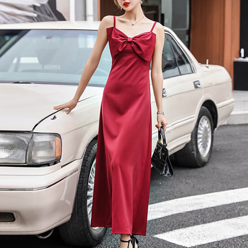 ワンピース セクシー おしゃれ 女性らしい ロング シルク ノースリーブ