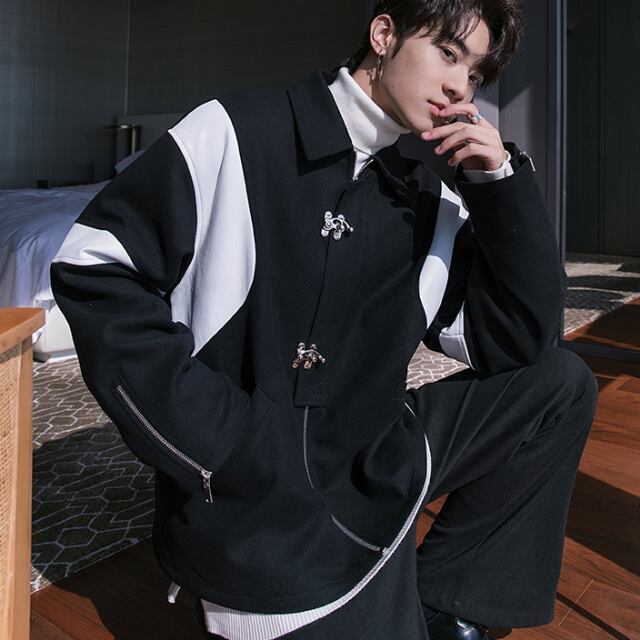 予約販売】ブルゾン アウター バイカラー ライン ベージュ ブラック