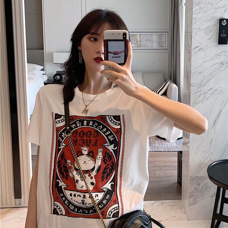 レッドホワイトTシャツ シャツ ルーズプリントサマーカジュアルブラック 夏物 YY-ファッション68419292804