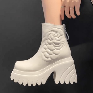 【size25.0cmあり】カメリアモチーフエレガントショートブーツ10cm全2色