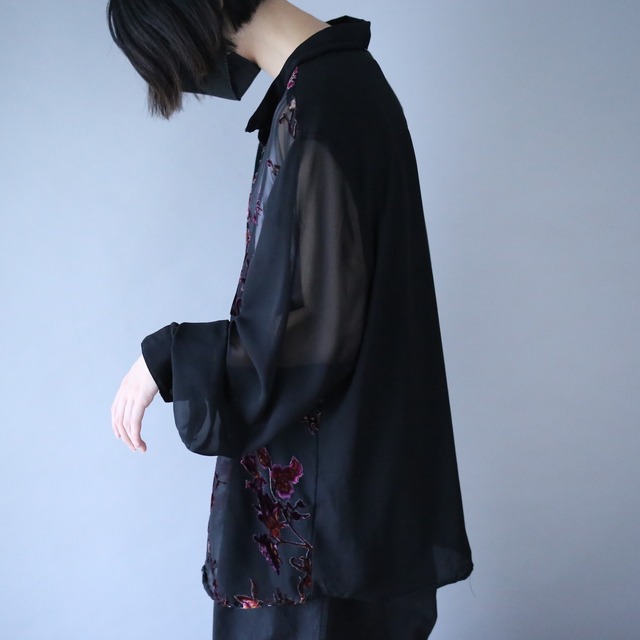 flower velours pattern loose black see-through shirt