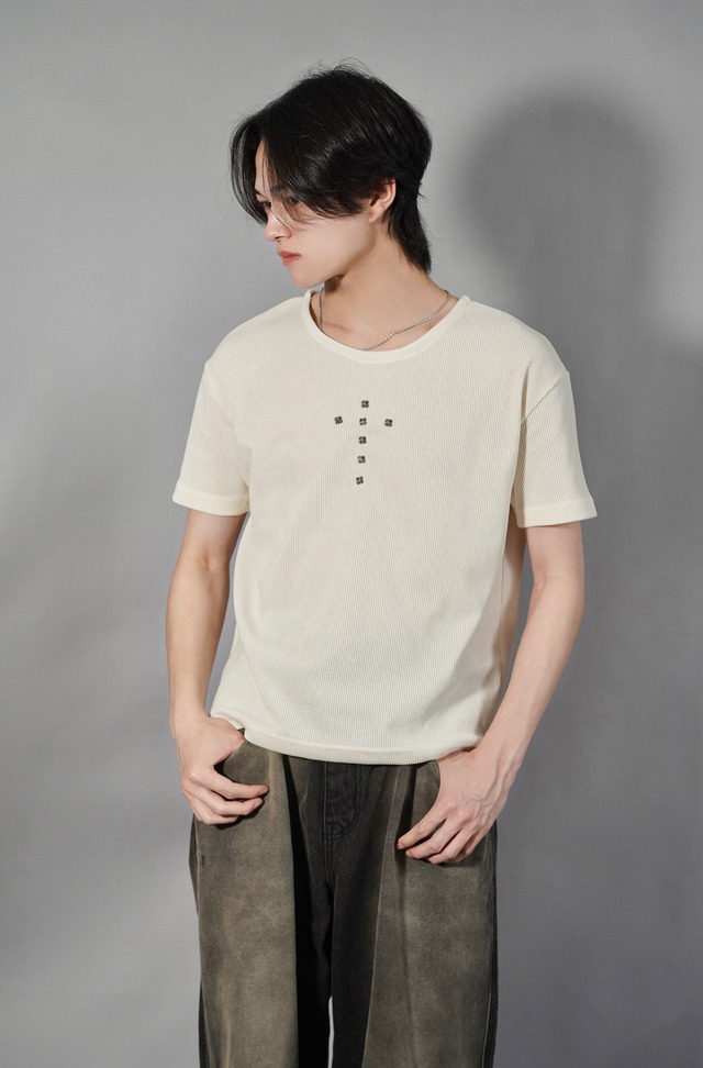 【ALUDE SELECT】studs cross rib short sleeve knit（2color）