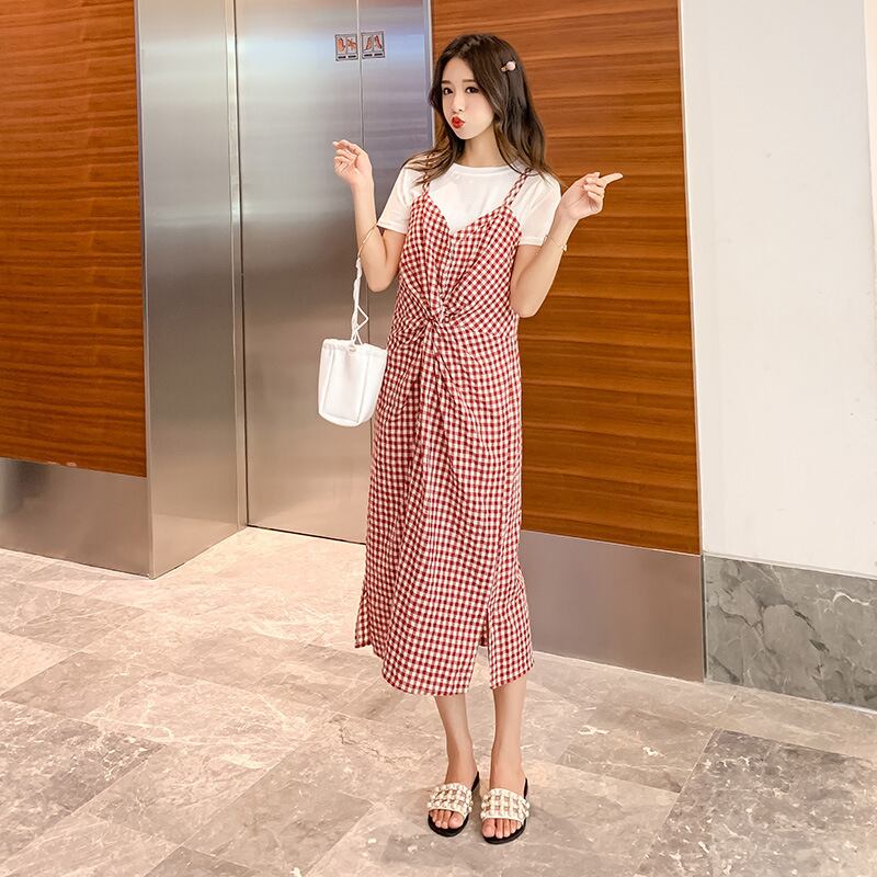 【新作】【送料無料】 マタニティウェア2019夏の新しい綿とリネンの格子縞のミドル丈サスペンダースカート+ Tシャツファッションツーピース妊婦-アリババ コットン サマー 夏物 expec274472000828