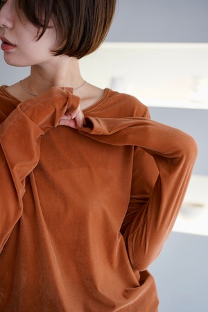 Sheer velours crew neck cut sew シアーベロアクルーネックカットソー Dark orange