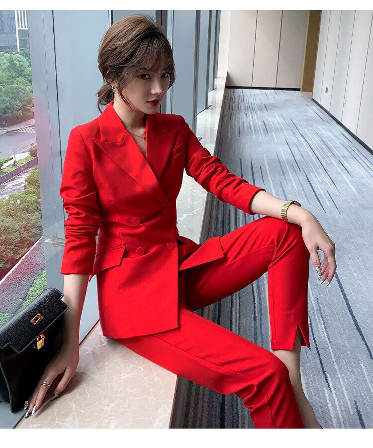 韓流スター レッドダブルブレスト スーツ＋パンツ セットアップ 宝塚