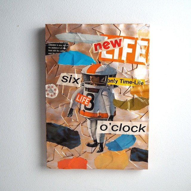 Hand-painted leather and vintage magazine collage art (A4 size) Wooden panel